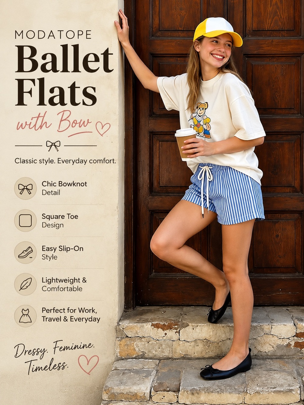 Modatope Ballet Flats Bow Ballerina Closed Square Toe Slip on Bowknot Flats Shoe